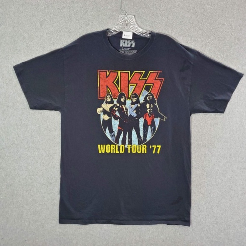 Kiss Men Shirt Large Black World Tour 77 Logo Graphic Crew Neck Short Sleeve Tee